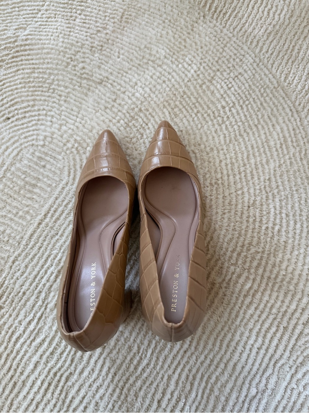 Preston & York Croc-Embossed Pointed Toe Flats in Tan